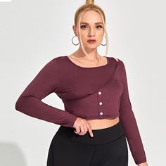 на пуговицах Одноцветный Спортивные топы размера плюс Shein