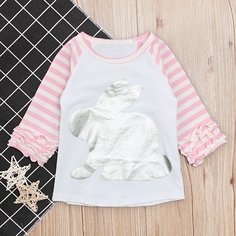 Футболка в полоску с принтом кролика для девочек Shein