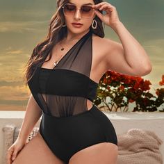 2шт сетчатый слитный купальник размера плюс Shein