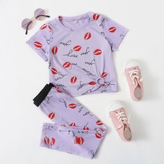 Леггинсы и футболка с принтом губы Shein