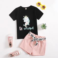 Футболка с оригинальным принтом и шорты для девочек Shein