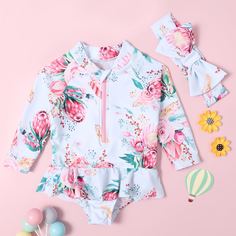 Слитный купальник и повязка на голову с цветочным принтом для девочек Shein