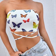 Топ без бретелек с принтом бабочки и узлом сзади Shein