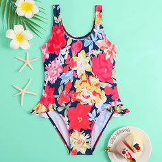 Слитный купальник с цветочным принтом для девочек Shein