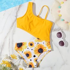 Слитный купальник с принтом "подсолнух" для девочек Shein