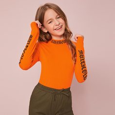 Оранжевая футболка с текстовым принтом для девочек Shein