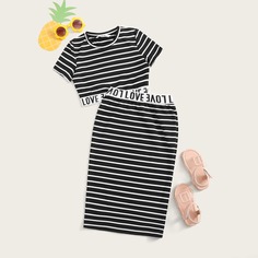 Короткий Топ И Юбка В Полоску С Текстовой Лентой Для Девочек Shein