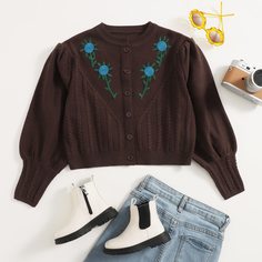 с вышивкой Со цветочками Повседневный Кардиганы для девочек Shein