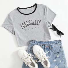 Контрастная отделка буква Повседневный Футболки Shein