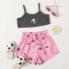 Шорты и топ с оригинальным принтом для девочек Shein