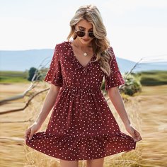 с оборками В горошек Бохо Платье Shein