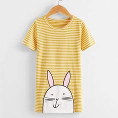 Платье-футболка с мультяшным и полосатым принтом для девочек Shein