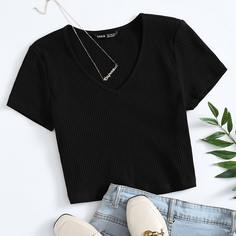 Вязаная короткая футболка размера плюс в рубчик Shein
