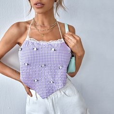 Контрастный кружевной топ с банданой в мелкую клетку Shein