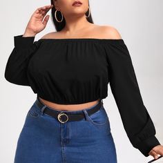 Однотонный топ размера плюс с открытыми плечами Shein