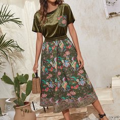 Бархатный топ с карманом и юбка с цветочным принтом Shein