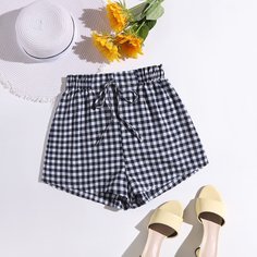 Шорты с присборенной талией в клетку Shein
