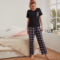 Пижама в клетку с текстовым принтом Shein
