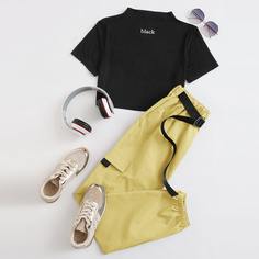 Брюки и футболка с текстовым принтом, воротником-стойкой Shein