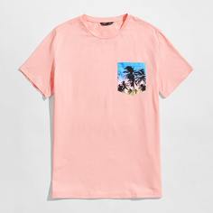 Мужская футболка с принтом кокосового дерева и накладным карманом Shein