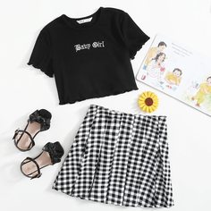 Юбка в клетку и топ с вышивкой для девочек Shein