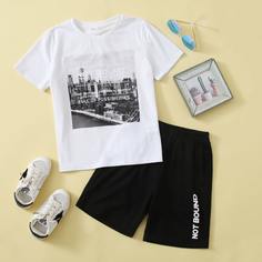 Шорты и футболка с текстовым принтом для мальчиков Shein