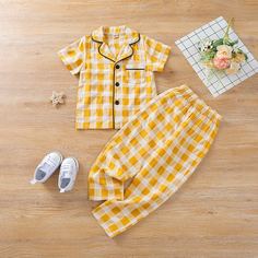 Пижама в клетку с лацканами для девочек Shein