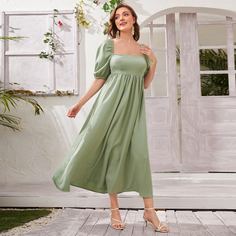 Однотонное платье с высокой талией и пышным рукавом Shein