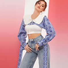 Короткий топ с графическим принтом и поясом Shein