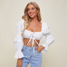 с оборками Одноцветный Бохо Блузы Shein