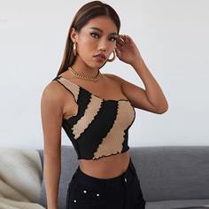 Вязаный контрастный топ в рубчик с асимметричным воротником Shein