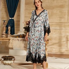 Контрастные кружева Со цветочками Королевский Ночной халат Shein