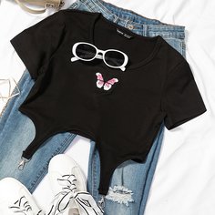 Трикотажная короткая футболка с вышивкой бабочки Shein