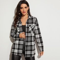 Однобортая блуза в клетку с кармнаом Shein