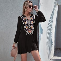 с вышивкой Этнический принт Повседневный Платья Shein