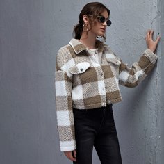 Плюшевая куртка в клетку с пуговицами Shein