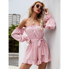 Комбинезон с открытыми плечами и оборкой в горошек Shein