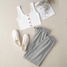 Кроп майка и спортивные брюки размера плюс на кулиске Shein