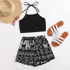 Кроп топ с узлом сзади и шорты с принтом слона Shein