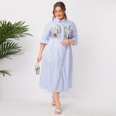 Вышивка Цветочный Повседневный Платья размер плюс Shein