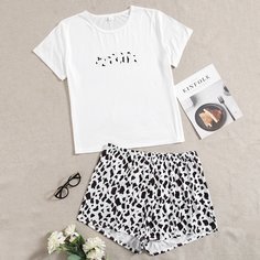 Пижама размера плюс с текстовым и коровьим принтом Shein