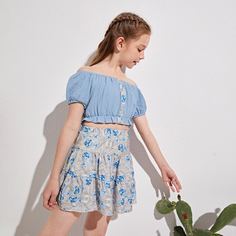 Топ с открытыми плечами и юбка с цветочным ппринтом для девочек Shein
