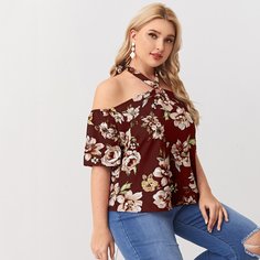 Блузка размера плюс с узлом сзади и цветочным принтом Shein