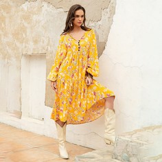 Пуговица Цветочный принт Бохо Платье Shein