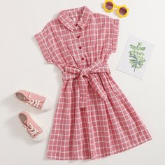 с поясом Клетка Повседневный Платья для девочек Shein
