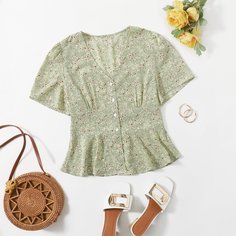 С оборками цветочный Бохо Блузы Shein