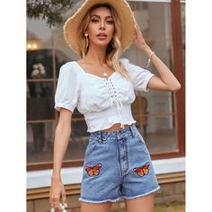 с вышивкой Животный Джинсовые шорты Shein