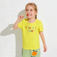 Неоново-желтая футболка с вышивкой для девочек Shein