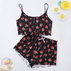 с бантом Цветочный принт милый Пижама Shein