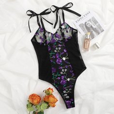 Сетчатое боди с цветочной вышивкой Shein